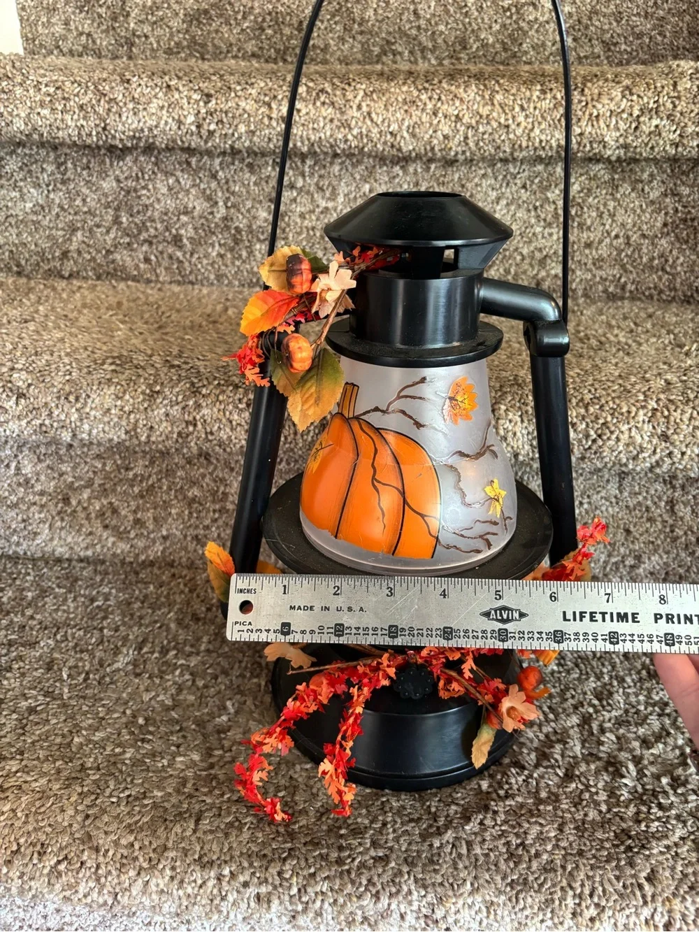 Black Lantern-Style Fall Accent Lamp with Orange Pumpkin Shade